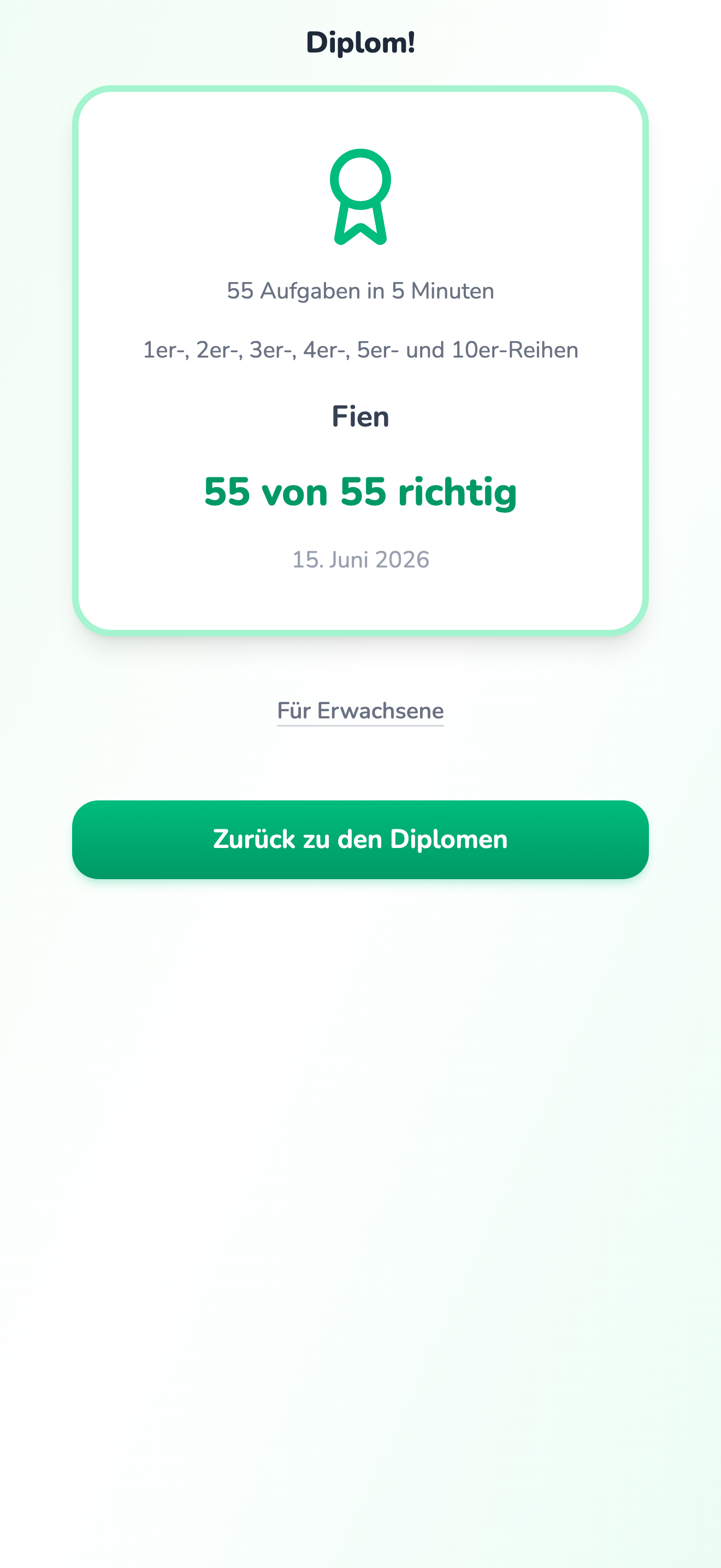 Ein geschafftes Diplom für die 1er-, 2er-, 3er-, 4er-, 5er- und 10er-Reihen