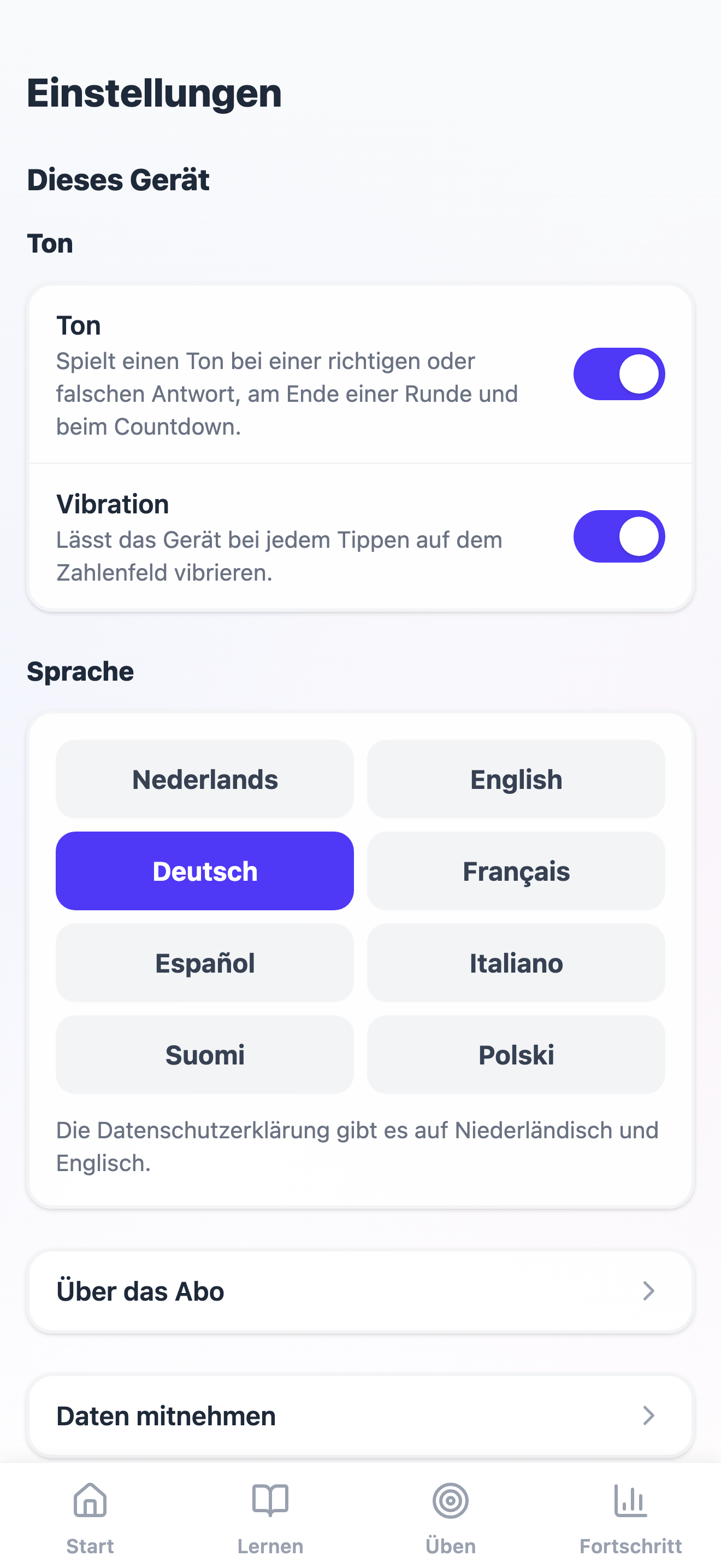 Der Teil Dieses Gerät in den Einstellungen: Ton und Vibration, die Sprachtasten, Über das Abo und Daten mitnehmen