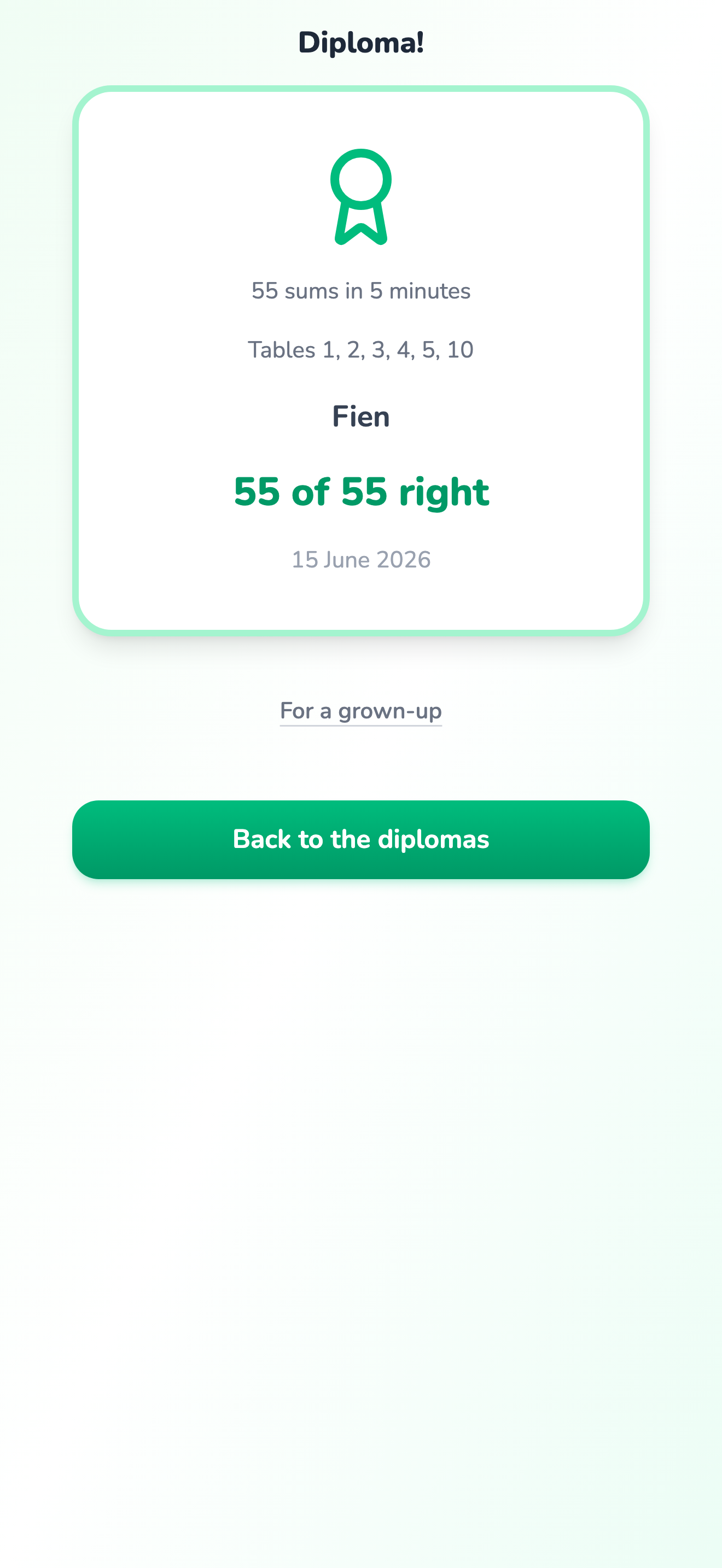 An earned diploma for the 1, 2, 3, 4, 5 and 10 times tables