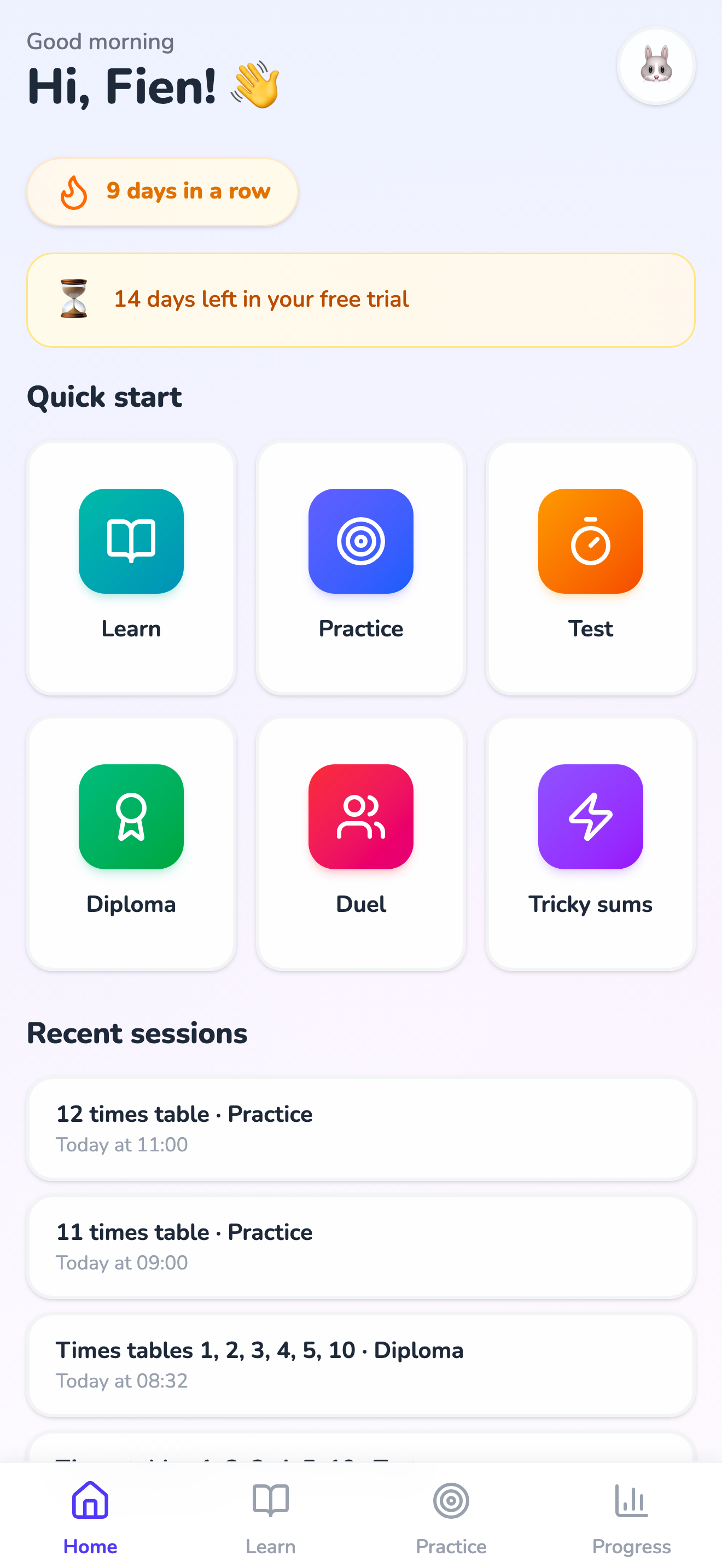 The app’s home screen, with Quick start and the Learn, Practice, Test, Diploma and Duel tiles