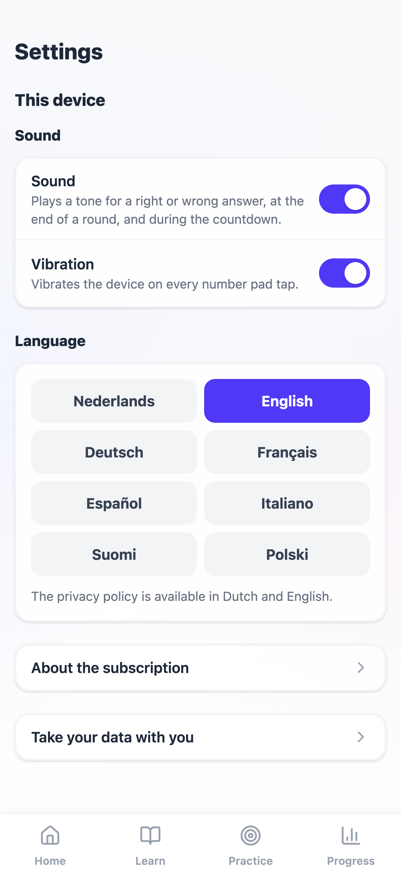 The This device half of Settings: sound and vibration, the language buttons, About the subscription and Take your data with you