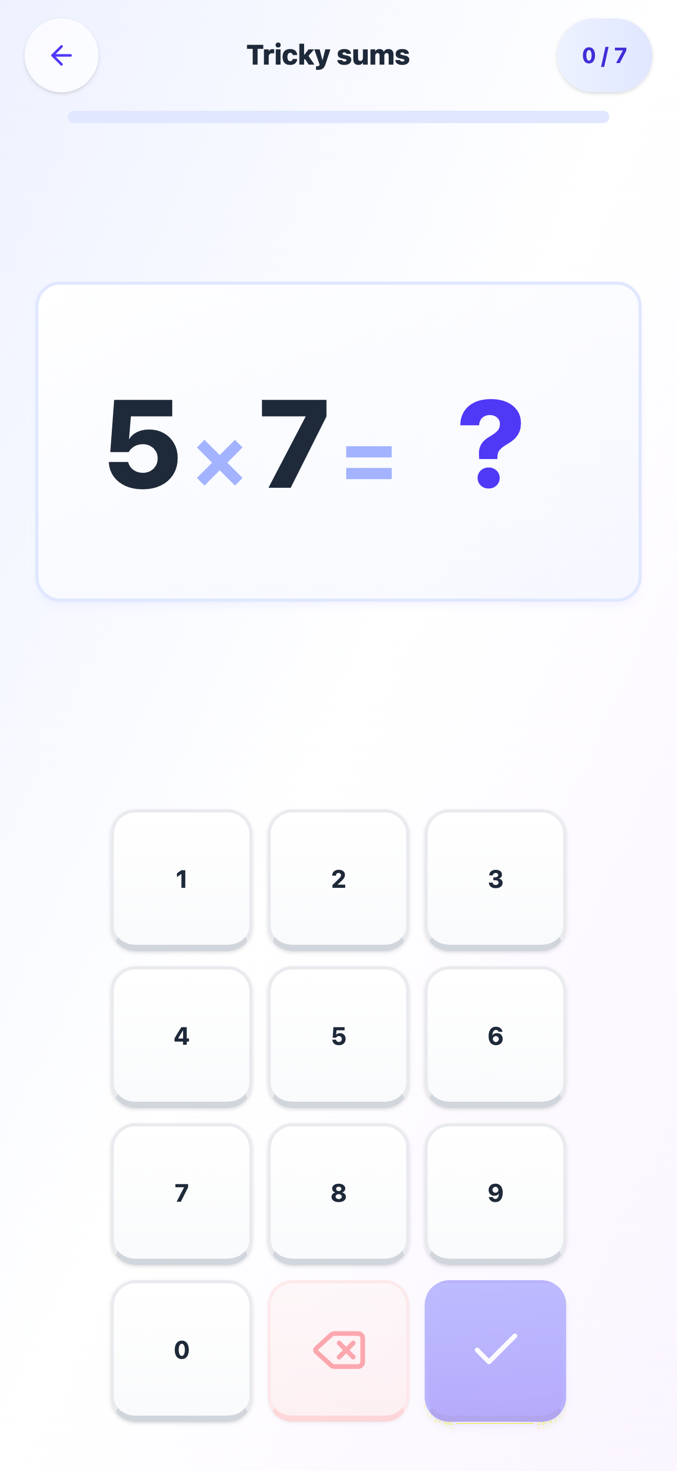 A round of Tricky sums with the sum 5 × 7 and the number pad