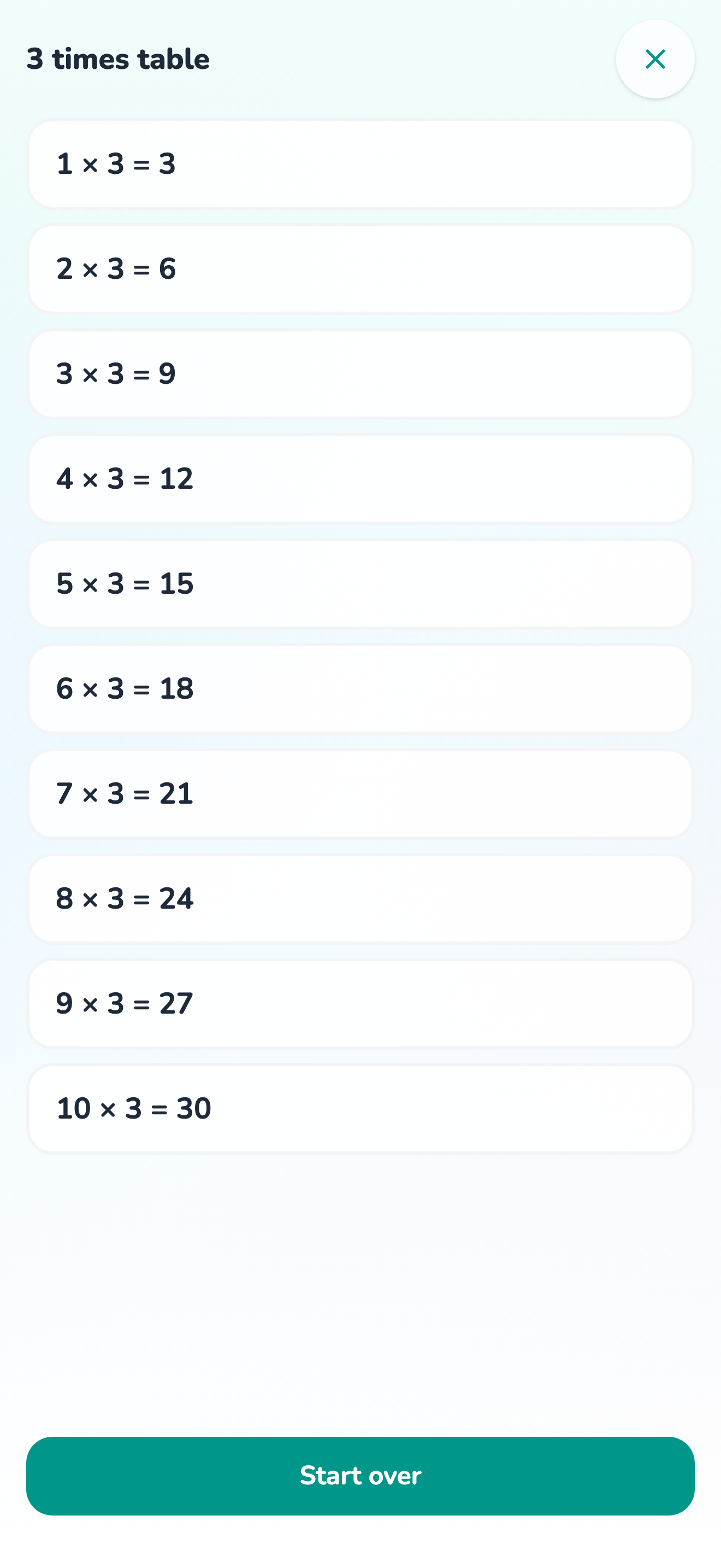 The 3 times table in learn mode