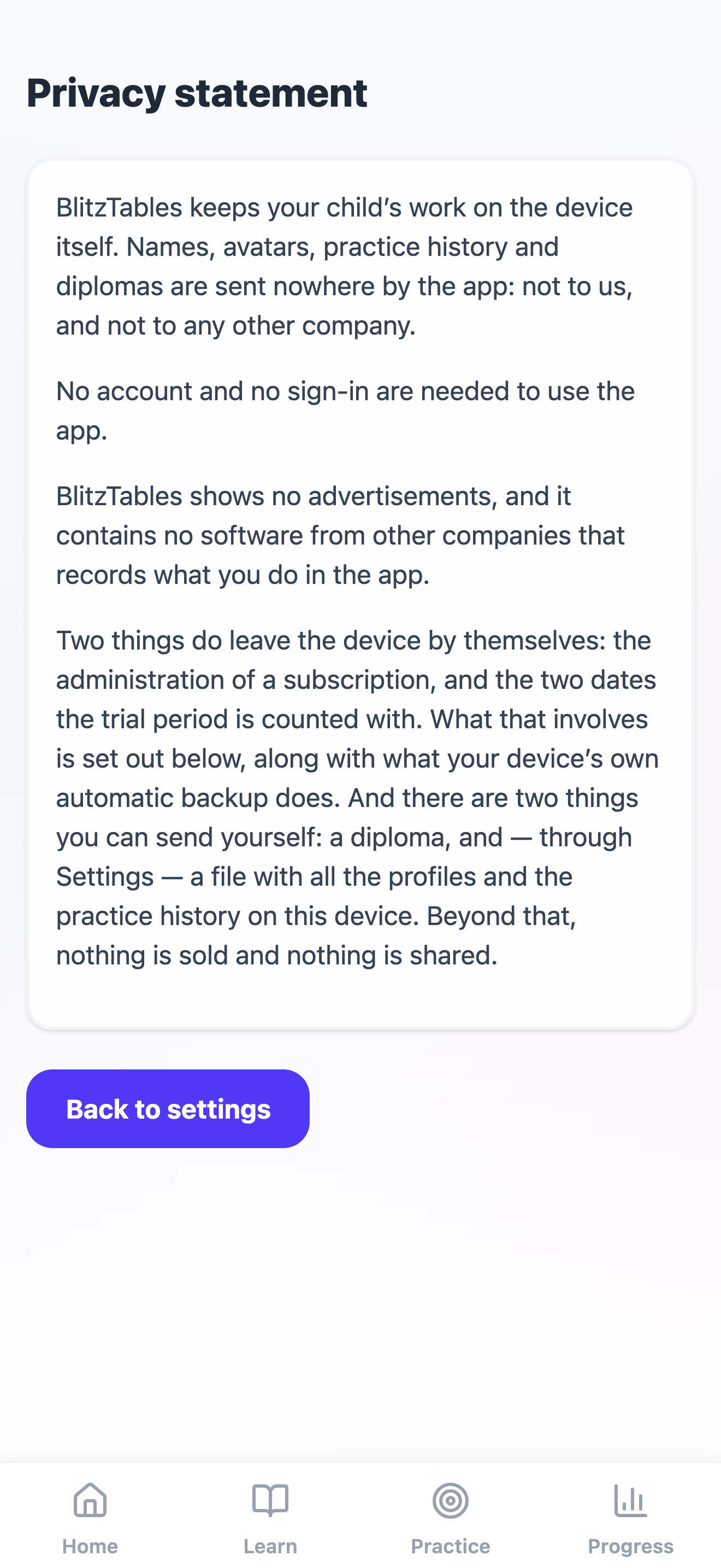 The privacy policy in the app