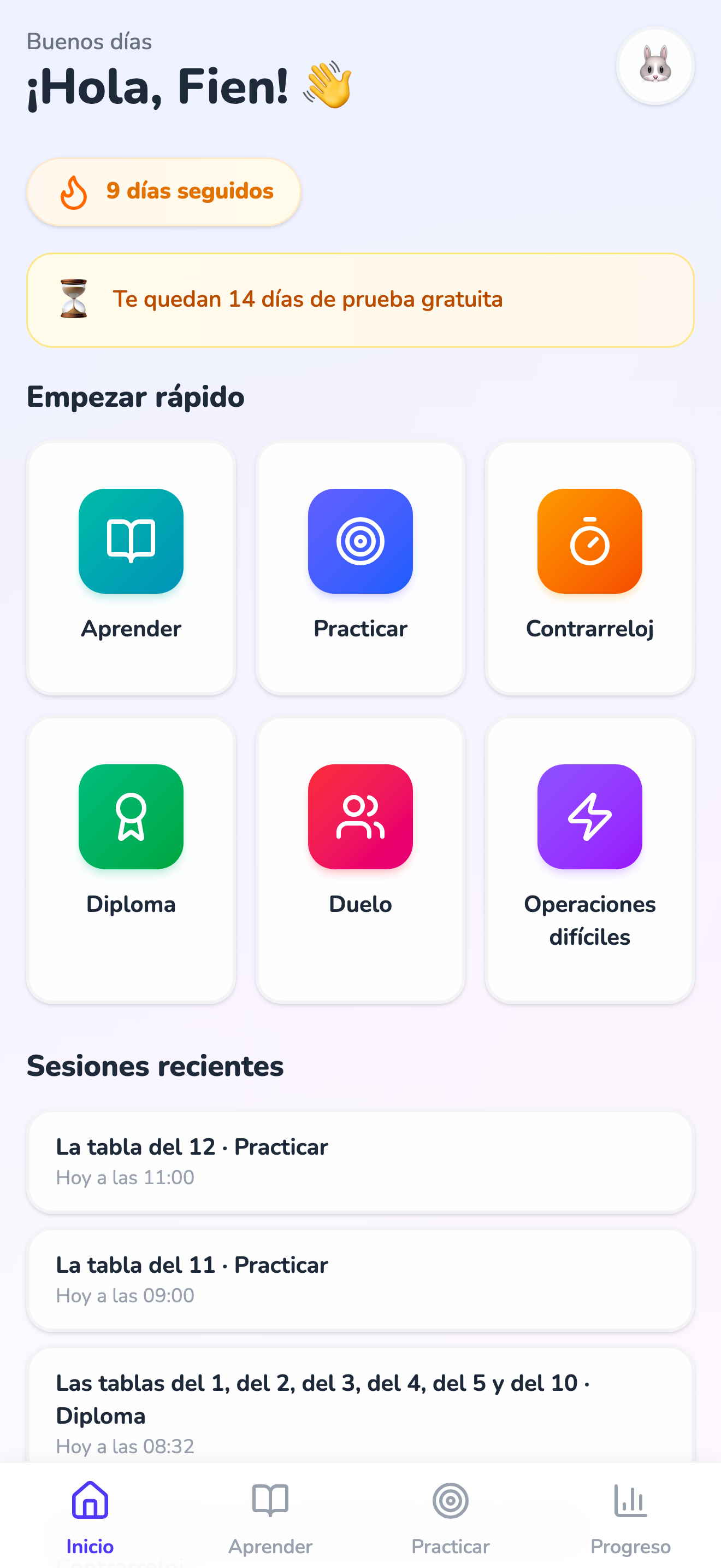 La pantalla de inicio de la app, con Empezar rápido y las tarjetas Aprender, Practicar, Contrarreloj, Diploma y Duelo