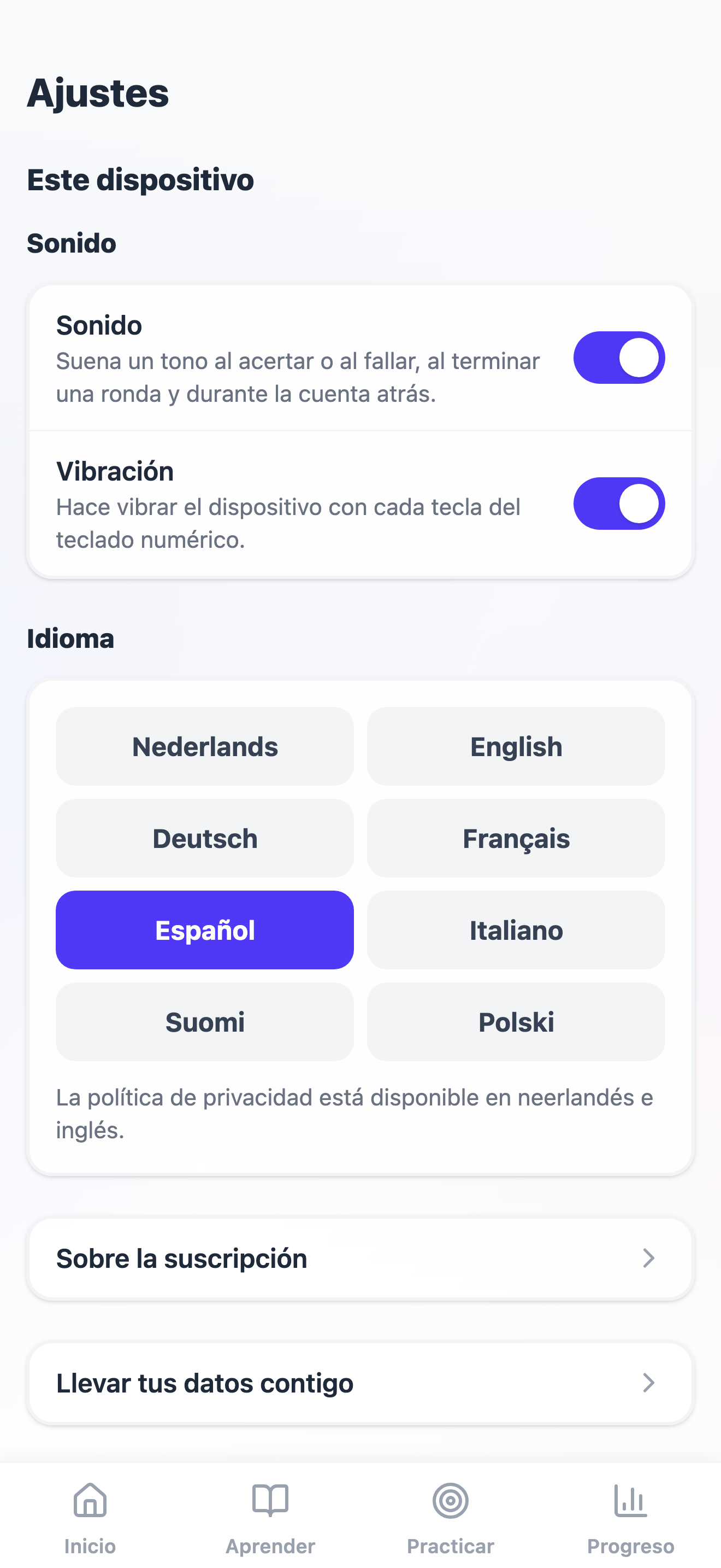 La parte Este dispositivo de los ajustes: sonido y vibración, los botones de idioma, Sobre la suscripción y Llevar tus datos contigo