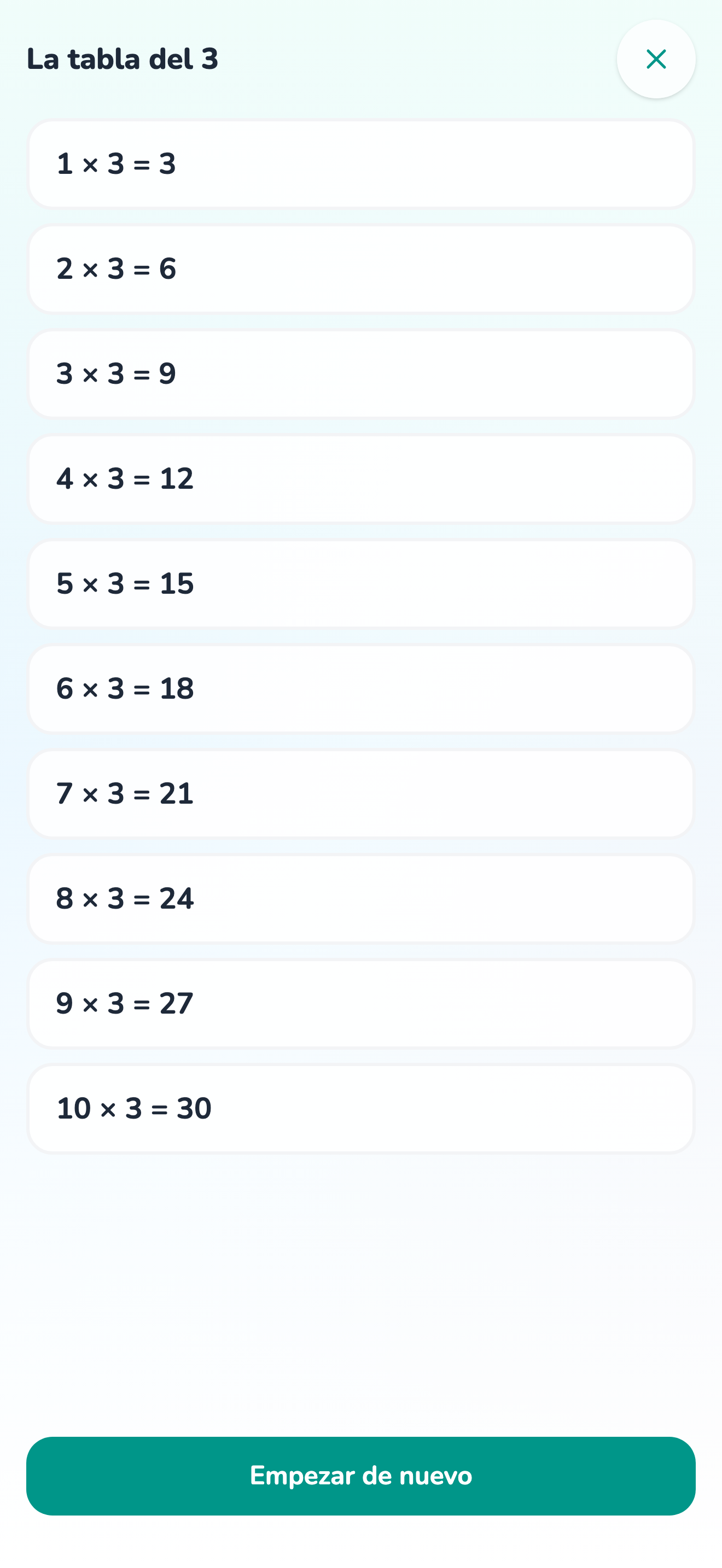 La tabla del 3 en el modo de aprender