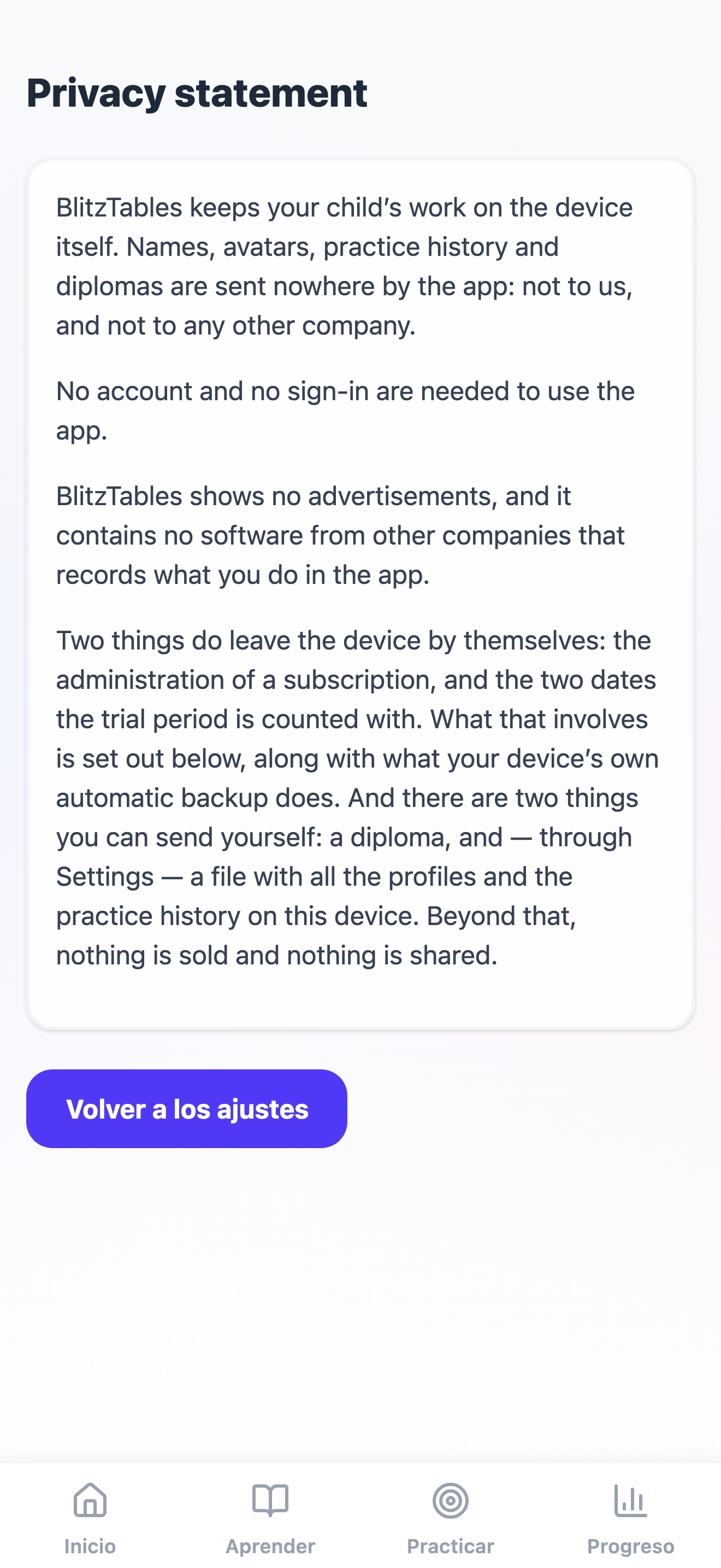 La política de privacidad dentro de la app
