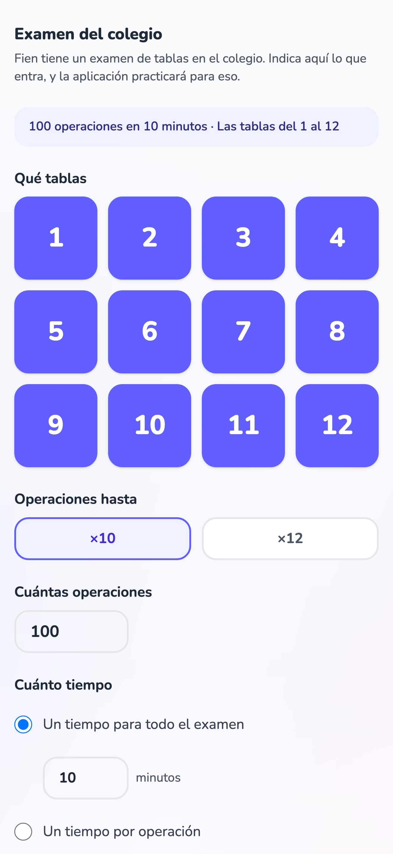 La pantalla para padres del examen del colegio, con las tablas, el número de operaciones y el tiempo