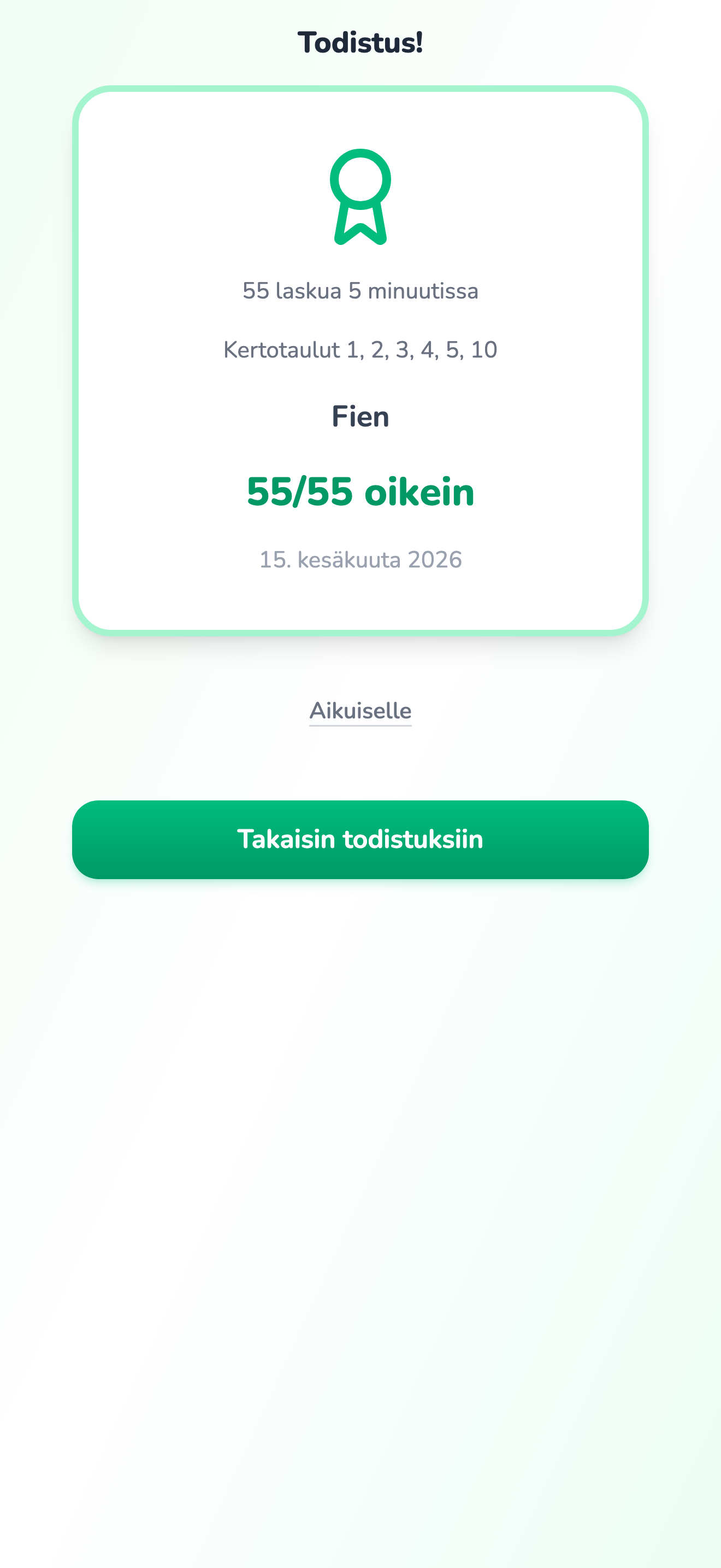 Ansaittu todistus kertotauluista 1, 2, 3, 4, 5 ja 10