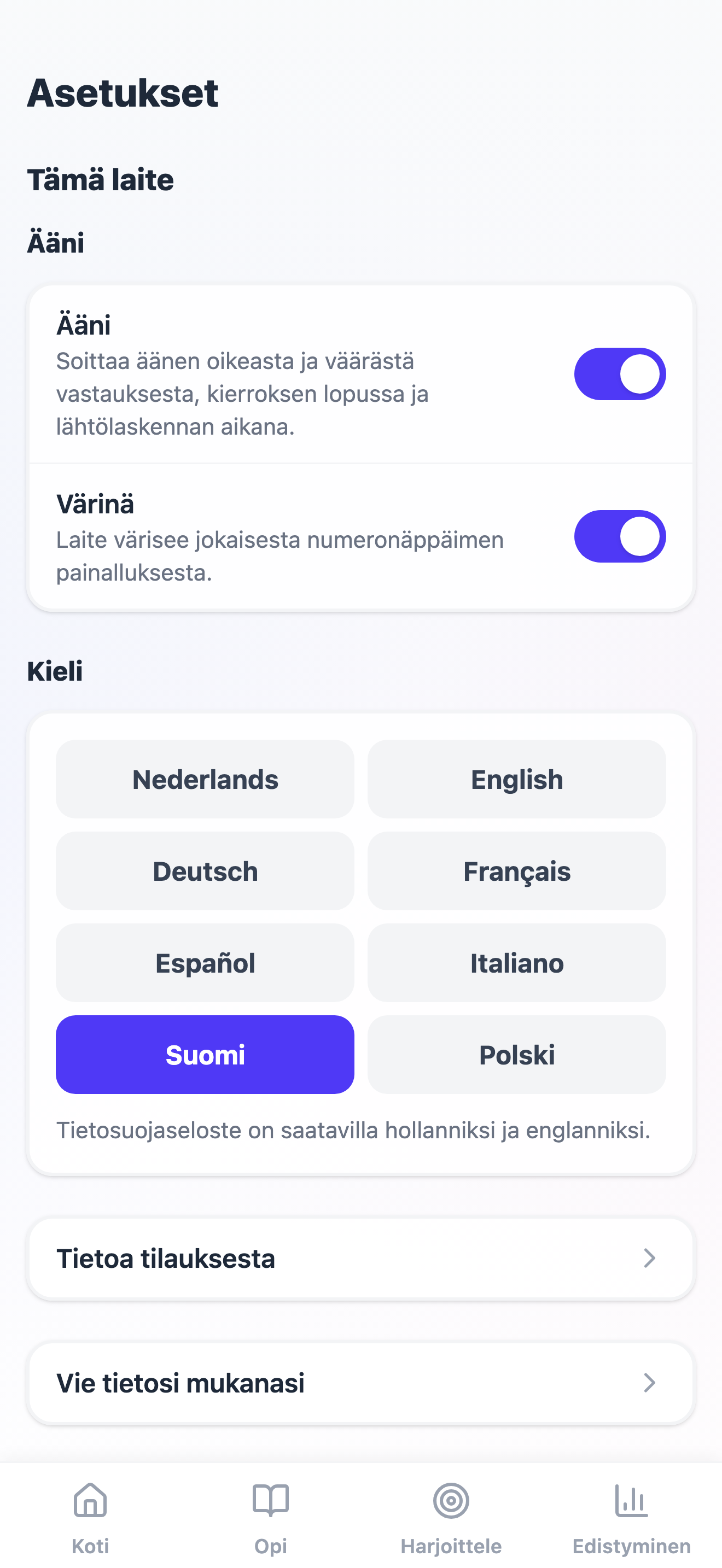 Asetusten Tämä laite -osa: ääni ja värinä, kielipainikkeet, Tietoa tilauksesta ja Vie tietosi mukanasi