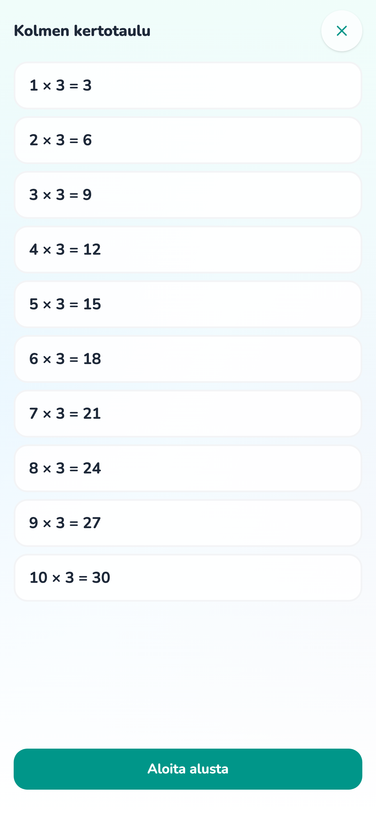 Kolmen kertotaulu opettelutilassa