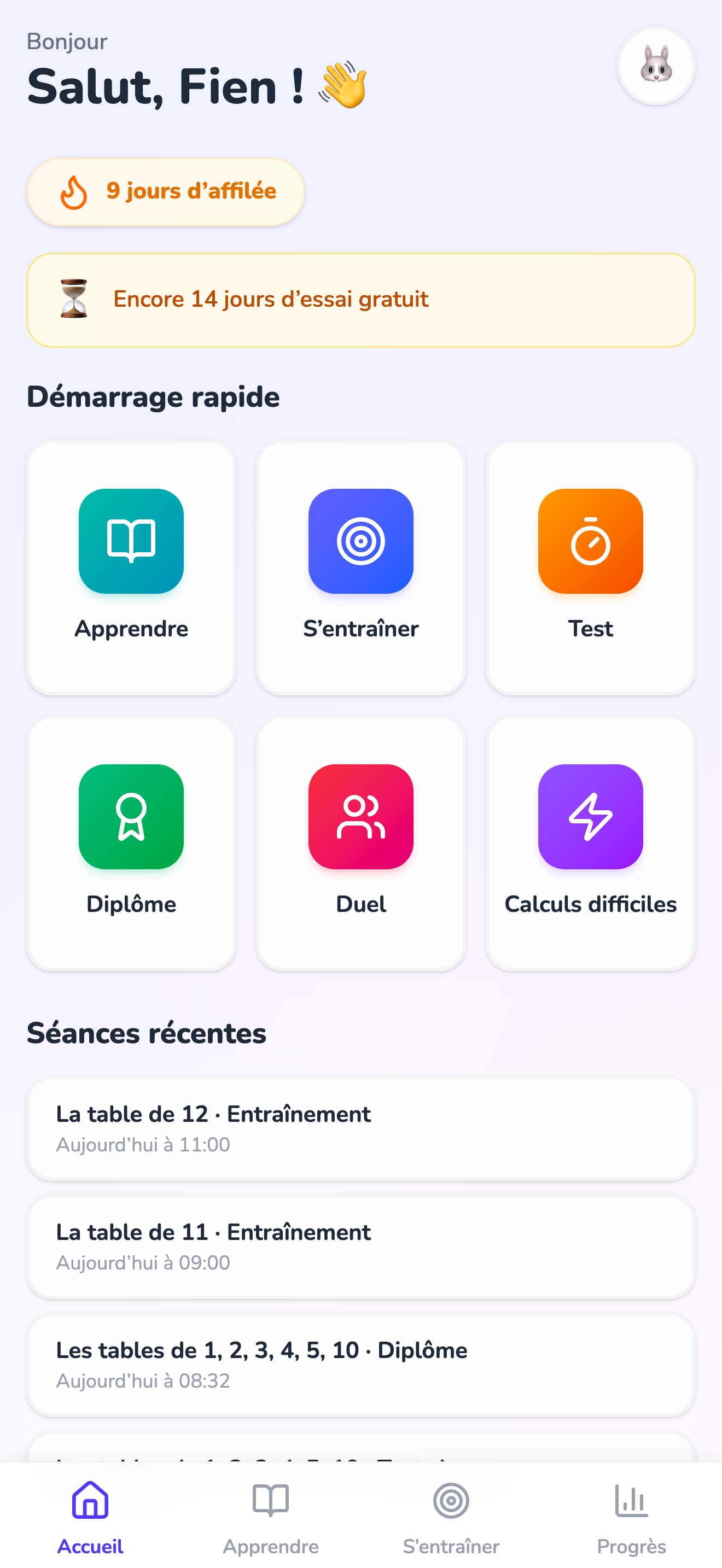 L’écran d’accueil de l’application, avec Démarrage rapide et les tuiles Apprendre, S’entraîner, Test, Diplôme et Duel