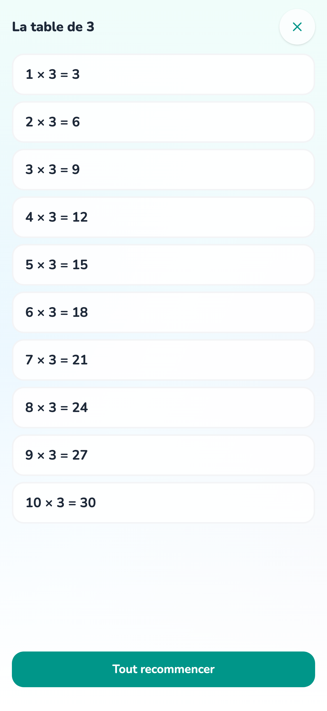La table de 3 en mode apprentissage