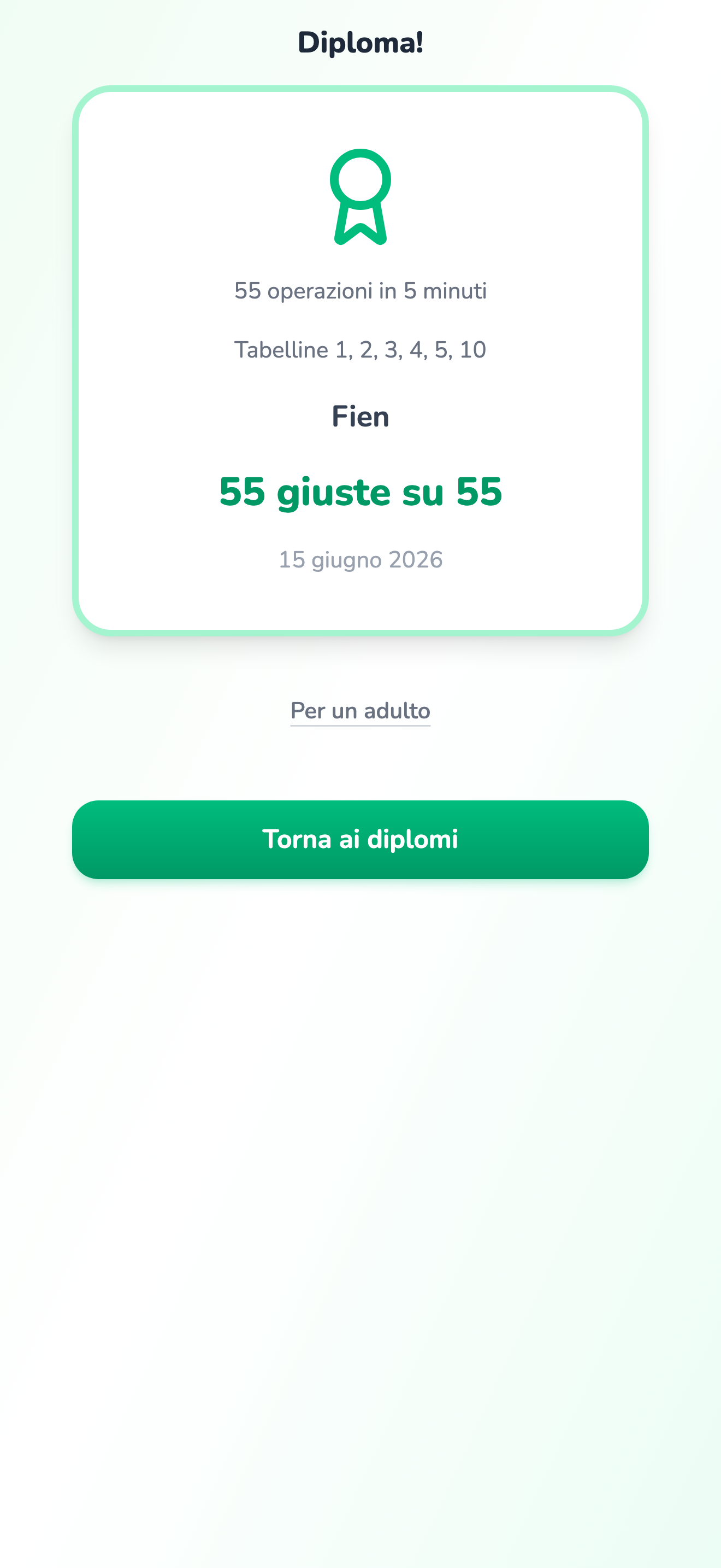 Un diploma conquistato per le tabelline dell’1, del 2, del 3, del 4, del 5 e del 10