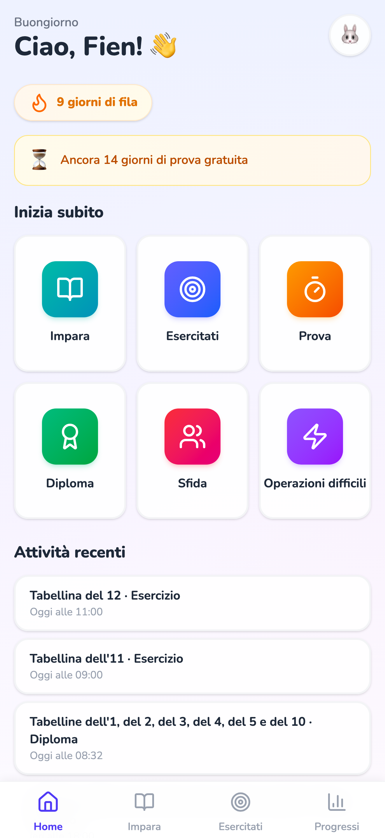 La schermata iniziale dell’app, con Inizia subito e i riquadri Impara, Esercitati, Prova, Diploma e Sfida