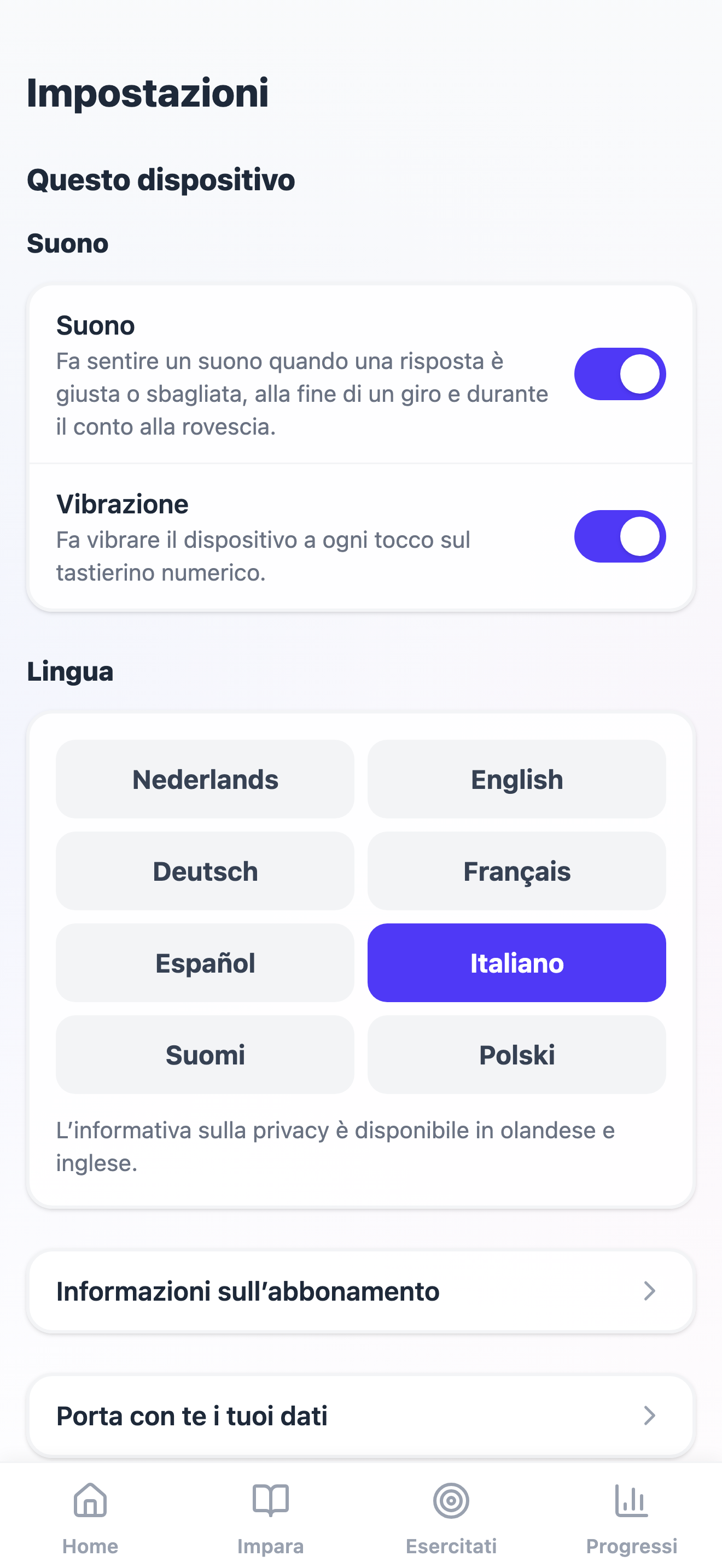 La parte Questo dispositivo delle impostazioni: suono e vibrazione, i pulsanti della lingua, Informazioni sull’abbonamento e Porta con te i tuoi dati