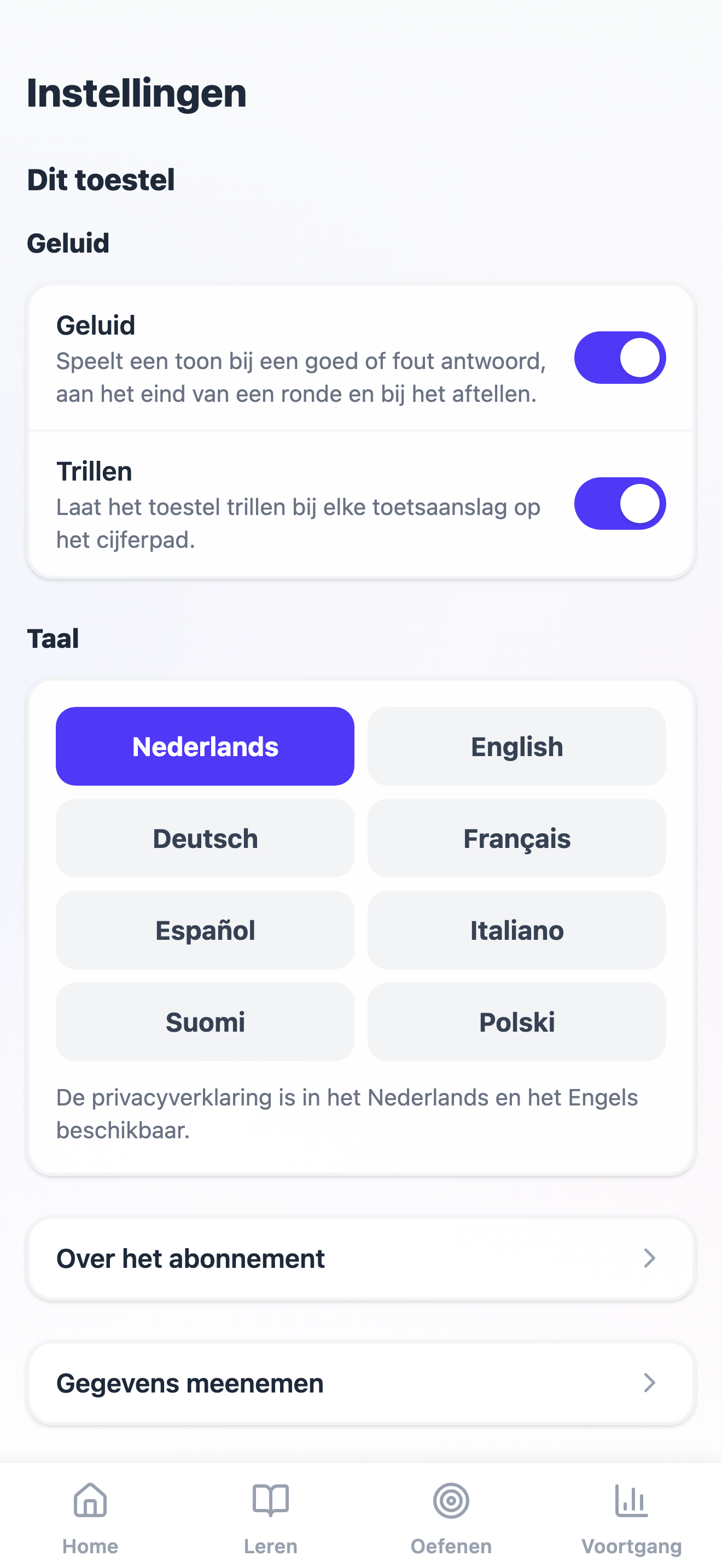 De helft Dit toestel van de instellingen: geluid en trillen, de taalknoppen, Over het abonnement en Gegevens meenemen