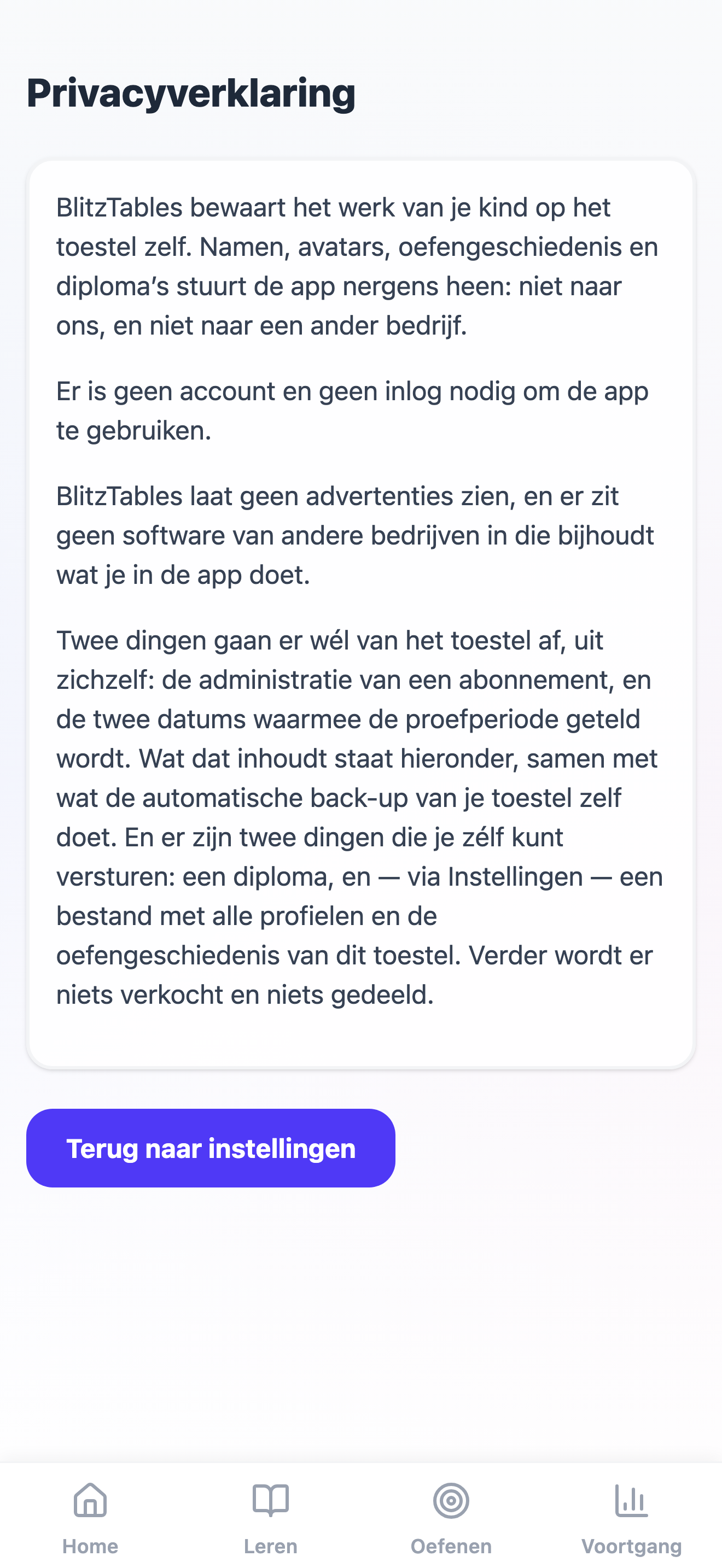 De privacyverklaring in de app