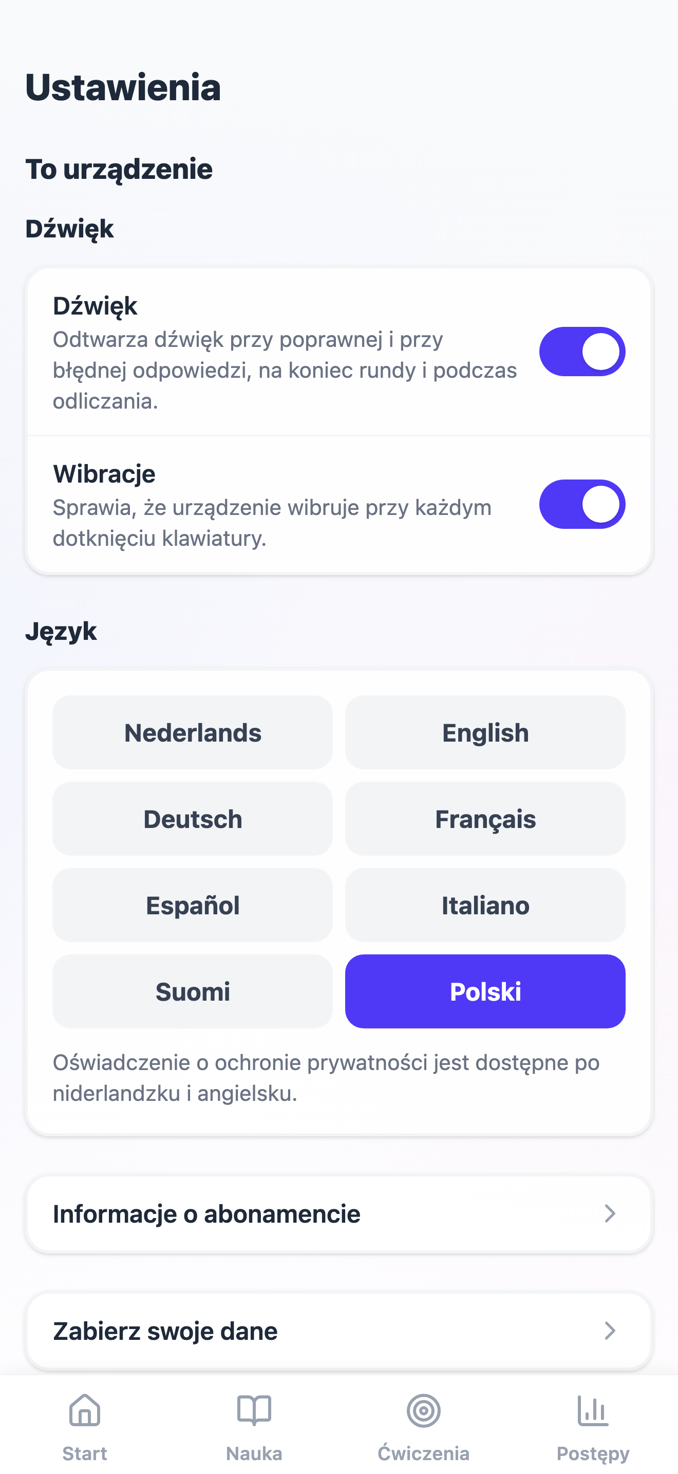 Część To urządzenie w ustawieniach: dźwięk i wibracje, przyciski języka, Informacje o abonamencie i Zabierz swoje dane