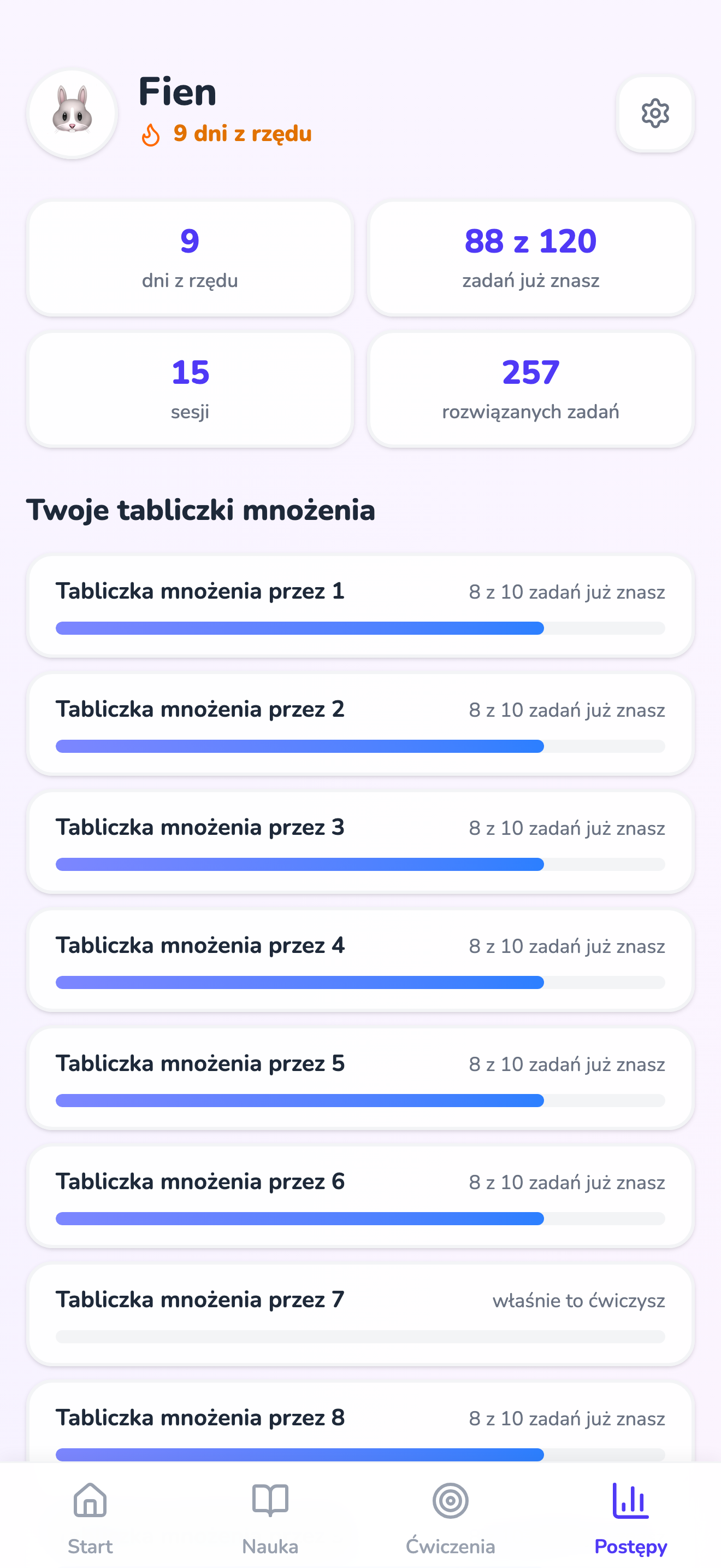Ekran postępów z serią dni z rzędu i tabliczkami mnożenia w rzędzie